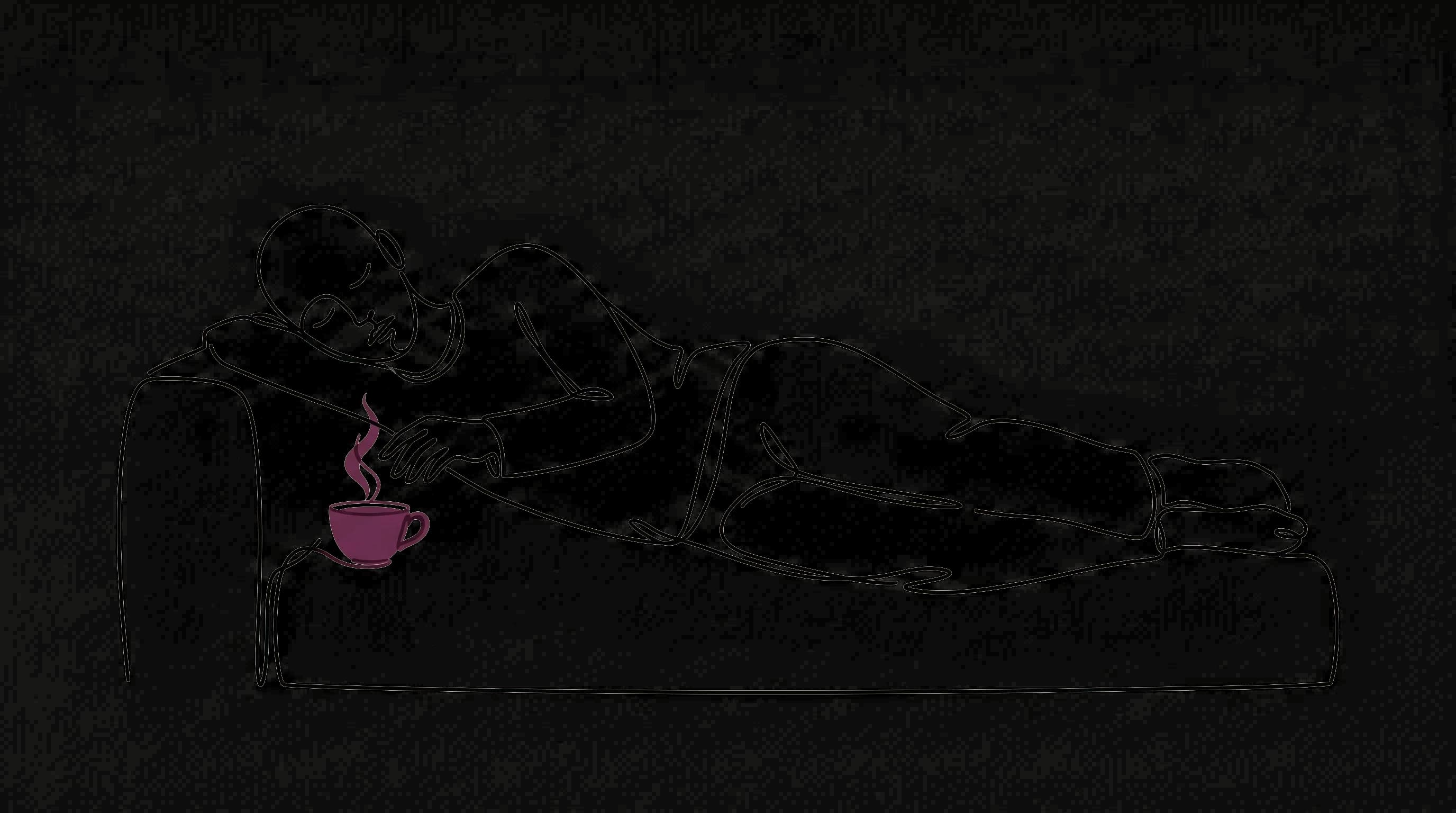 One-Liner-Illustration: Eine Person ruht erschöpft auf einer Couch, eine Hand reicht nach einer dampfenden Plum-farbenen Tasse