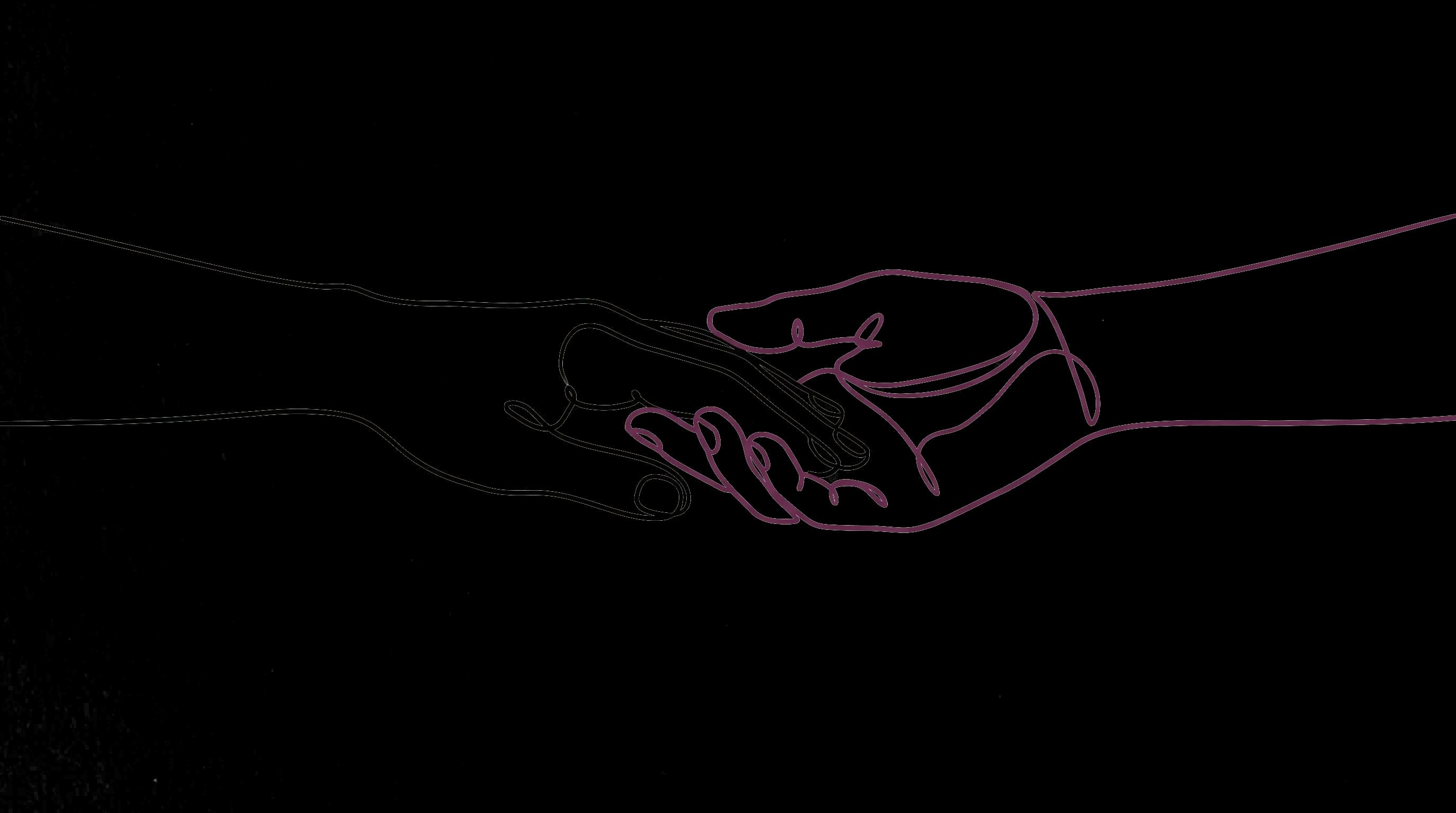 One-Liner-Illustration: Zwei Hände begegnen sich — eine schwarze Hand und eine plumfarbene Hand, Symbol für begleitende Unterstützung